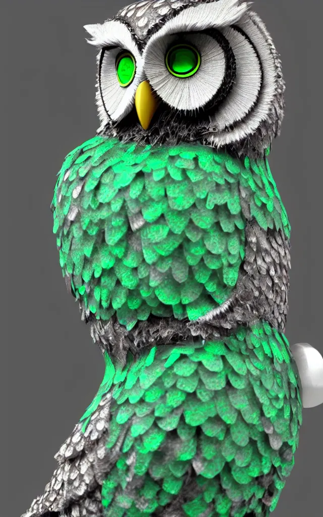 Prompt: realrender pewter emerald animatronic owl