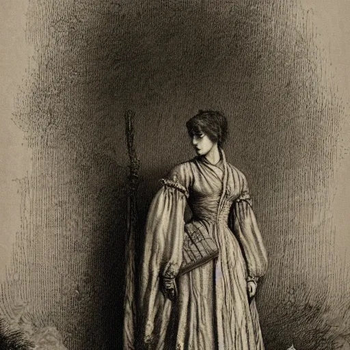 Image similar to Woman in a victorian dress, dramatic light, high contrast, illustration by Paul Gustave Doré