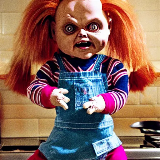 Image similar to chucky the killer doll standing on the kitchen table