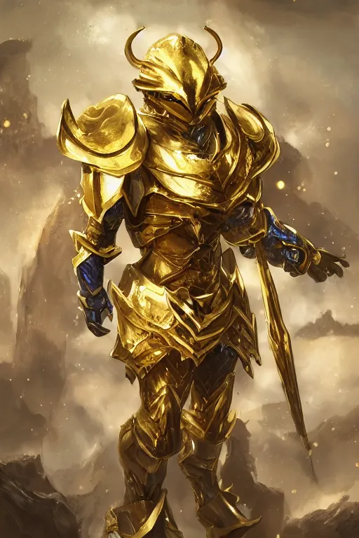 Image similar to an anime showing the new golden armor zodiac Knight by the artist Alessandro pizzi . Rendering the frog constellation armor . Sharp focus, full of details, by utsurowazaru mono and Jason Nguyen , matte painting ,concept art, trending on artstation and cell shading