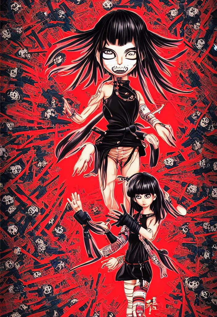 Prompt: a comic book style japanese horror poster of ninja girl with large eyes by dan mumford, yusuke murata and junji ito, blood lines, yokai, shinigami, eyes, shurikens, kanji, 8k, unreal engine, trending on artstation, pixiv, intricate details, volumetric lighting