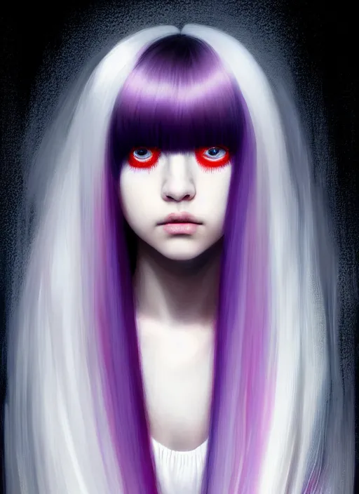 Image similar to hair whitebangs hair, black hair, whitebangs, portrait of teenage girl with white bangs, red irises, purple clothes, white bangs, bangs are different color from hair, intricate, elegant, glowing lights, highly detailed, digital painting, artstation, concept art, smooth, sharp focus, illustration, art by wlop, mars ravelo and greg rutkowski