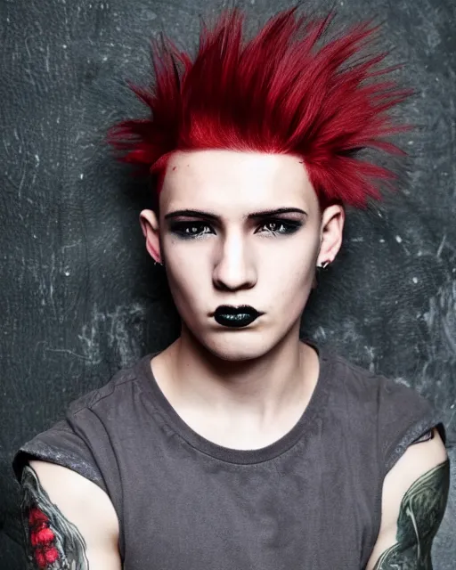 Prompt: young man with a short red dyed mohawk, red eyes and a slim face, dressed in punk clothing, headshot, attractive, handsome, in color, no makeup, model, realism art