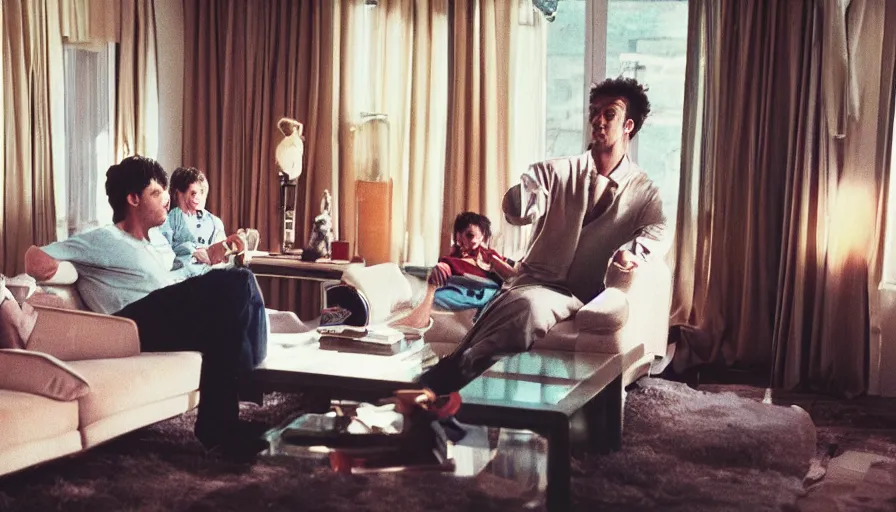 Image similar to 1990s candid 35mm photo of a beautiful day in the living room, cinematic lighting, cinematic look, golden hour, a magical salesman comes out of the TV and aggressively tries to sell the family a car, UHD