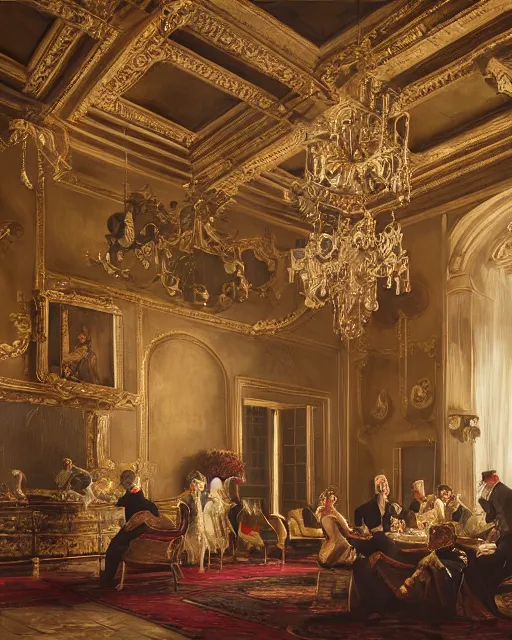 Image similar to realist rococo painting of a 1 9 2 0 s party in a beautiful mansion, vaulted ceiling, many partygoers, strong contrast, unreal engine, hyper realism, realistic shading, cinematic composition, realistic render, octane render, detailed textures, photorealistic, ultrawide shot, 3 5 mm film