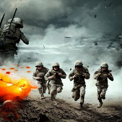 Image similar to hyper realism, realistic apocalyptic war scene, explosions, science - fiction soldiers running, bullet storm