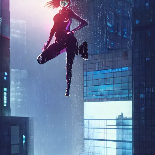 Prompt: beautiful cyborg girl diving down on a skyscraper in the rain, waterdrops refractions on lens, full round face, biomechanical details, cyberpunk anime art, full body shot, window reflections, lens flare, wlop, ilya kuvshinov, artgerm, krenz cushart, greg rutkowski