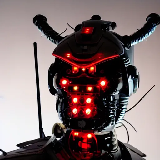 Prompt: photo of a cybernetic samurai with leds and laser weapons