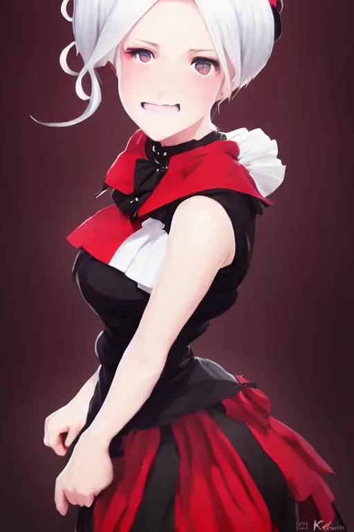 Prompt: card art of a girl with white hair wearing a black and red maid dress, black and red maid dress, Cushart Krenz, very detailed, realistic face, detailed face, matte, tonemapping, bbwchan, perfection, 4K, Cushart Krenz