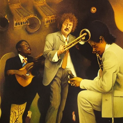 Image similar to Bob Dylan with his guitar and harmonica at the gates of heaven is greeted by Louis Armstrong blowing a trumpet by Maxfield Parrish and Glen Rutkowski and Raphael