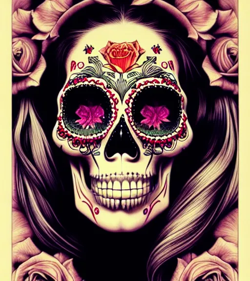 Prompt: a gorgeous fancy skull lady by dan mumford and gil elvgren, sugar skull, hyperrealism, intricate details, exceptional beauty, fool, vector art, attractive, striking, lovely