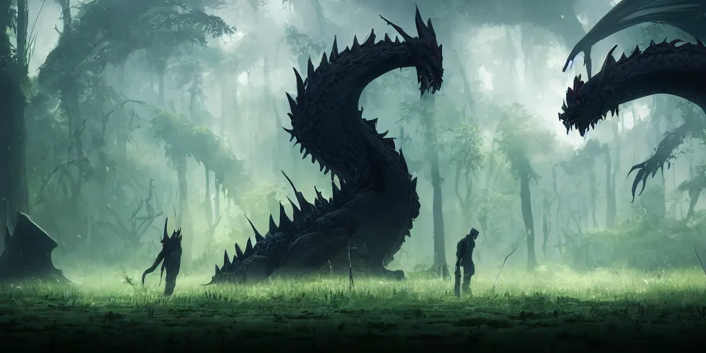 Image similar to A big black dragon monster in the middle of a swamp, mattepainting concept Blizzard pixar maya engine on stylized background splash comics global illumination lighting artstation lois van baarle, ilya kuvshinov, rossdraws