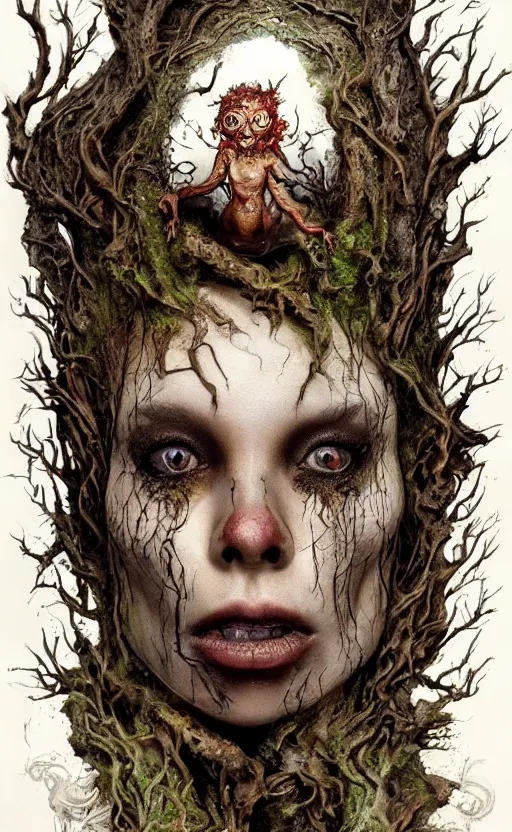 Image similar to portrait of a rotten tree spirit dryad with a beautiful face and flaming mouth and eyes, intricate, headshot, mushrooms, fungi, lichen, sketch lines, graphite texture, old parchment, guillermo del toro concept art, justin gerard monsters, intricate ink illustration, artstation