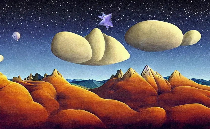 Prompt: mountains, stars and paisley filled sky, artstation, intricate, highly detailed, digital painting, concept art, sharp focus, illustration by Roger Dean and Piero della Francesca and Yves Tanguy