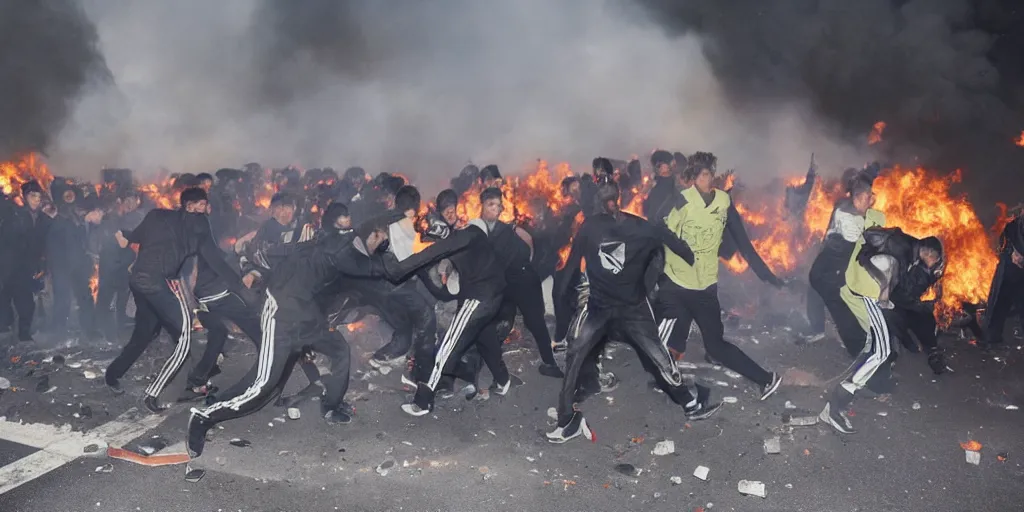 Prompt: photo of an epic brawl of young men wearing tracksuit in a riot with burning cars,editorial photography