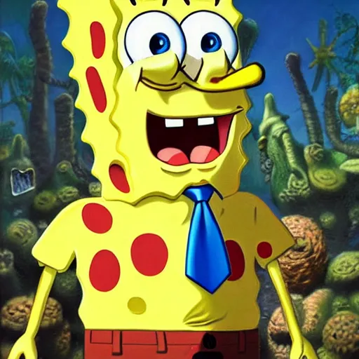 Image similar to ultra realistic portrait painting of spongebob squarepants, art by frank frazetta, 4 k, ultra realistic, highly detailed, epic lighting