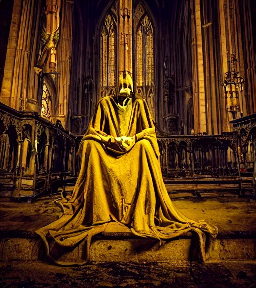 Image similar to a tall pale humanoid being sitting upon an ornate stone throne, 4K, digital art, horror, dramatic, wearing a long yellow rotting garment, dark, hyperrealistic, perspective, complex black church background with volumetric lights coming in through cathedral windows,