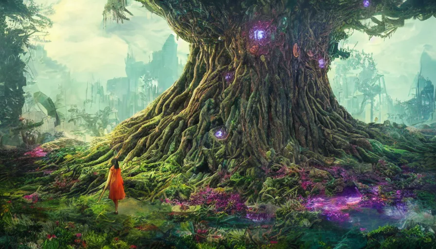 Image similar to ben lo illustration of the largest tree in the world under force field, bioshock concept art, solarpunk, hopeful, colorful, flowers, deity, unreal engine, hyper realism, realistic shading, cinematic composition, realistic render, octane render, detailed textures, photorealistic, wide shot