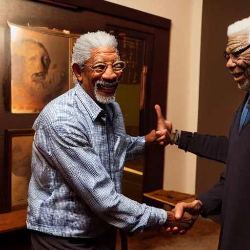 Image similar to photograph of Gordon Freeman shaking hands with Morgan Freeman in a dimly lit bedroom, 8k, highly intricate, highly detailed,