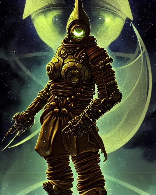 Image similar to a fed up cyber astro monk like from skyrim and elden ring and grand theft auto and overwatch, character portrait, portrait, close up, concept art, intricate details, extremely detailed, realistic vintage sci - fi poster, in the style of chris foss, rodger dean, moebius, michael whelan, lumi, and gustave dore