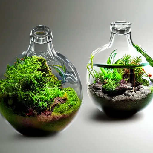 Prompt: terrarium worlds made of lush rainforests in mccartney bottles 8 k /