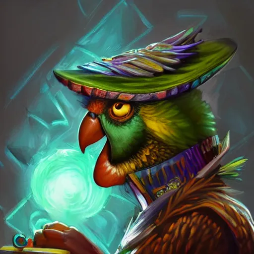 Image similar to Magic the gathering artwork of Anthropomorphized parrot trader in his shop, shelves full, selling a gem, portrait, items, magic potions, carpet, window, fancy funny hat, sly expression , cunning expression, cute expression, presenting magic gem, D&D, fantasy, cinematic lighting, highly detailed, digital painting, artstation, concept art, smooth, sharp focus, illustration, warm light, cozy warm tint, magic the gathering artwork, volumetric lighting, 8k, no gold, no gold colours, art by Akihiko Yoshida and Greg Rutkowski