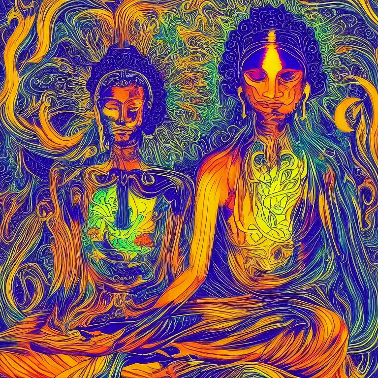 Image similar to human meditating supreme peace immense knowledge infinite color dmt art blue black gold love