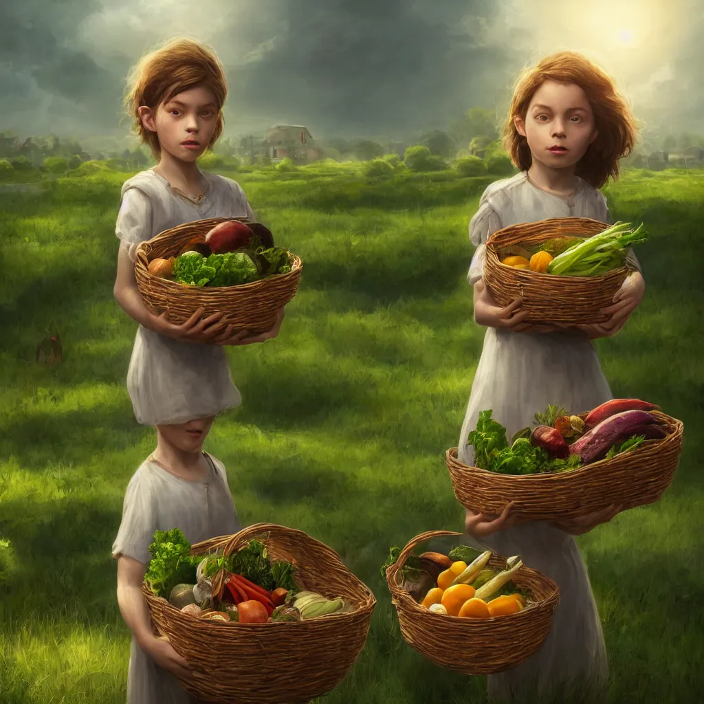 Prompt: portrait of single beautiful child holding a basket of vegetables, green farm lands behind, elegant, highly detailed, digital painting, concept art, smooth, sharp focus, illustration, divine realm of gods, realistic cinematic style, filmed in 70mm, volumetric lighting, octane render, photographic, concept art, artist Dr Zeus, unreal engine 8k