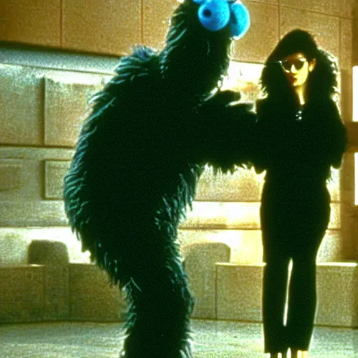 Prompt: Film still of Cookie Monster in the Matrix (1999)