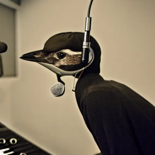 Image similar to A photograph of a bird wearing headphones and speaking into a high-end microphone in a recording studio.