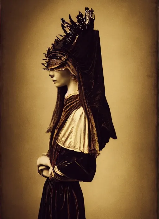 Image similar to portrait of young woman in renaissance dress and renaissance headdress, art by peter lindbergh