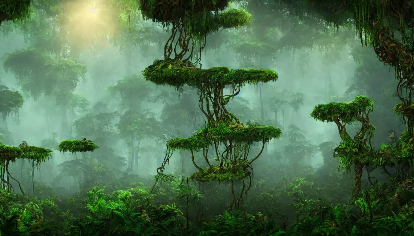 Prompt: deep jungle forest realm biodiversity , side-scrolling 2d platformer game level, swirling clouds of magical mist through the trees, small chunks of forest soil floating like islands between the tree trunks, dramatic dusk sun illuminates areas , volumetric light , detailed entangled roots carpet the forest floor, rich color , upscale , 8k