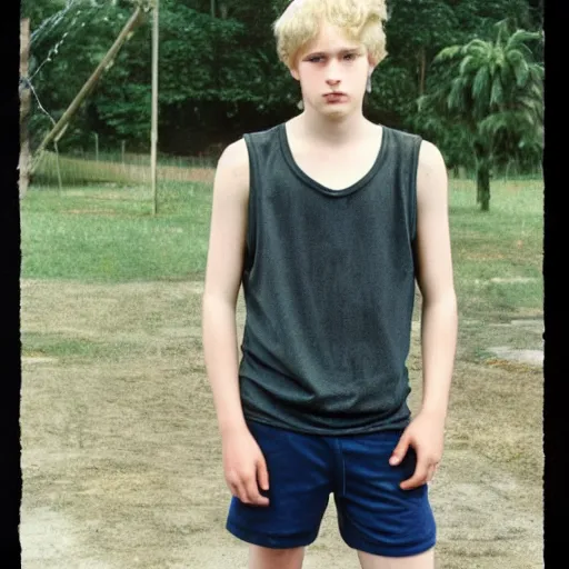 Prompt: Portrait of a sad looking teenage boy, around 20 yo, natural blonde hair and smooth pale skin, fisher net tanktop. Award winning photograph.