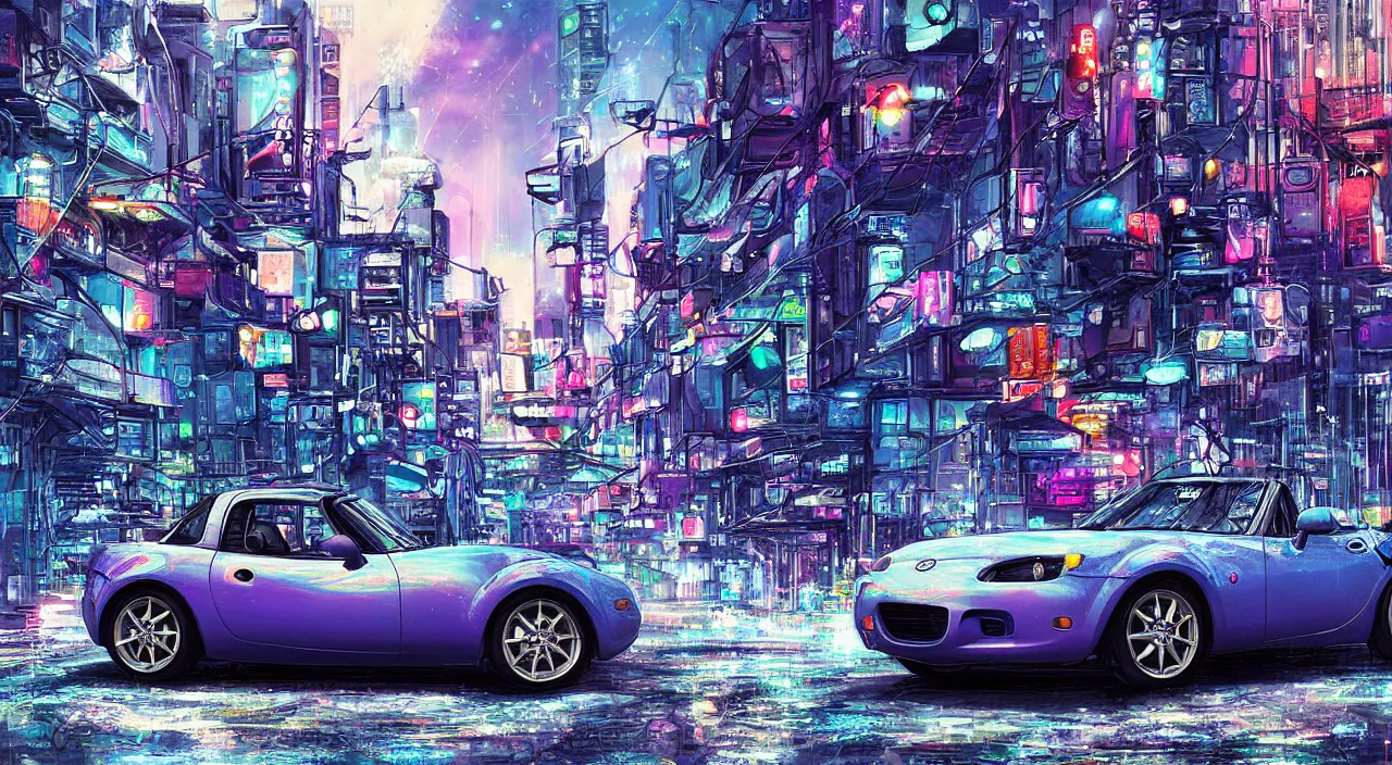 Prompt: mazda miata in a cyberpunk city, digital art