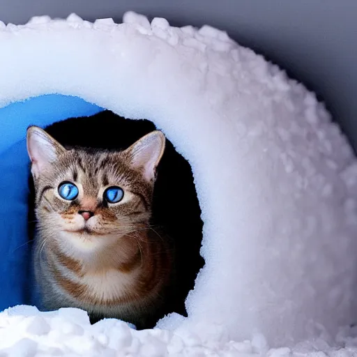 Image similar to cute cat peeking its head out an igloo, close up render