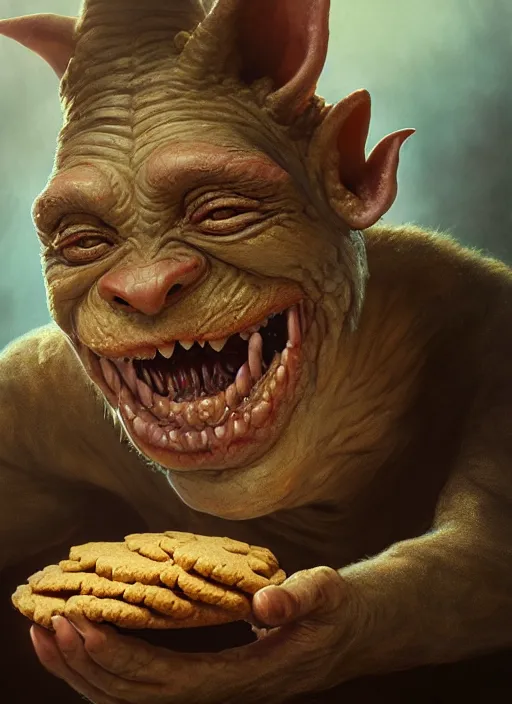 Image similar to highly detailed closeup portrait of a medieval goblin eating cookies, unreal engine, hyung tae, frank frazetta, nicoletta ceccoli, mark ryden, lostfish, earl norem, global illumination, god rays, detailed and intricate environment