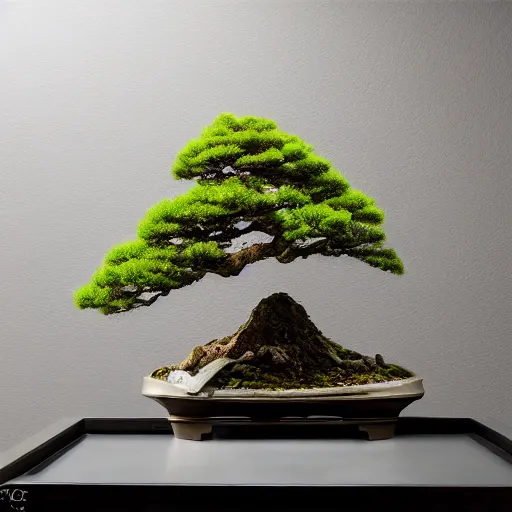 Image similar to bonsai on a elegant ebene table in room with window viewing japanese montains from hill, anatomic description, gems, gold, 8 k, details, studio lighting, realism, complex lights