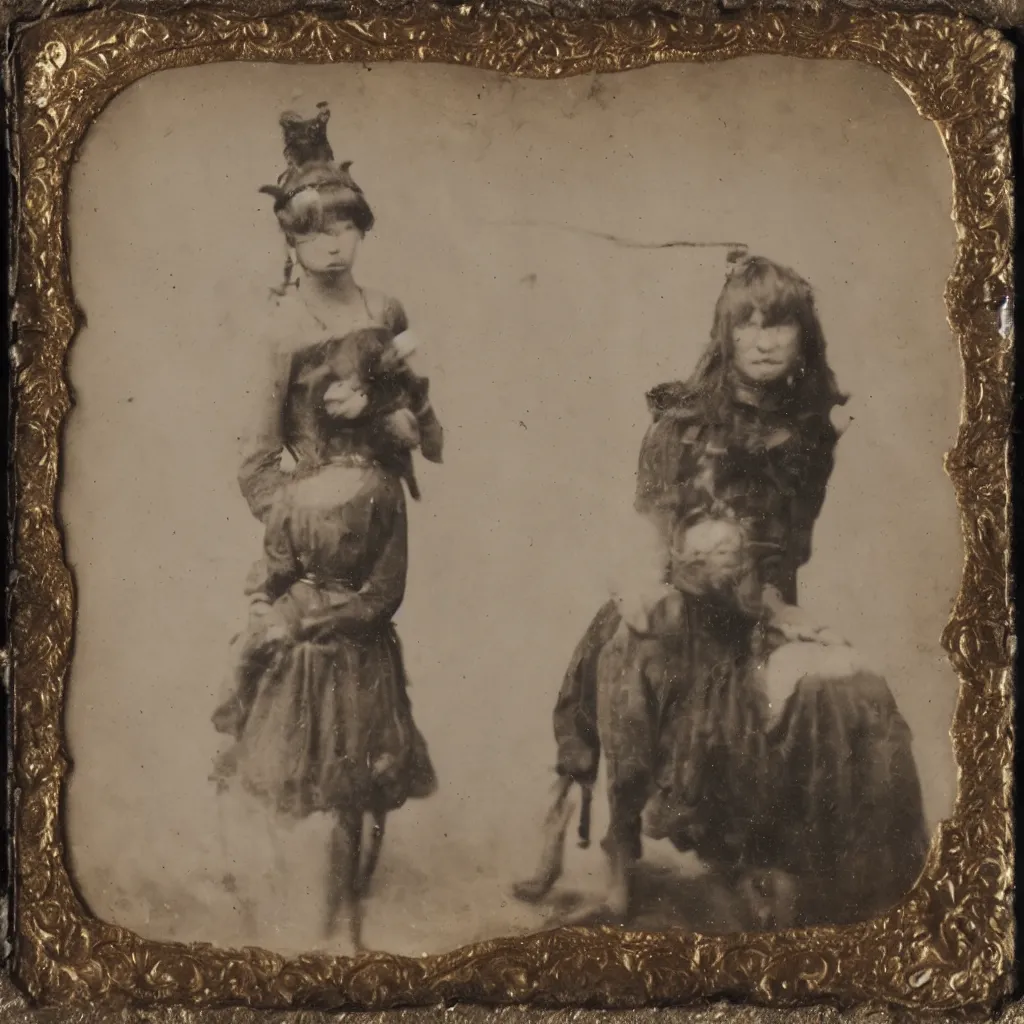 Prompt: tintype of a girl with goat head