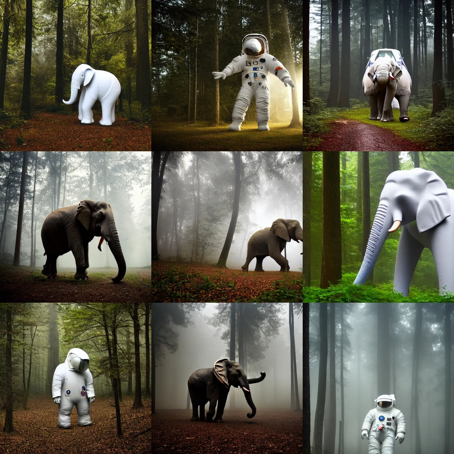 Prompt: giant elephant wearing white spacesuit as astronaut in the woods, foggy mood, overcast bokeh - c 8