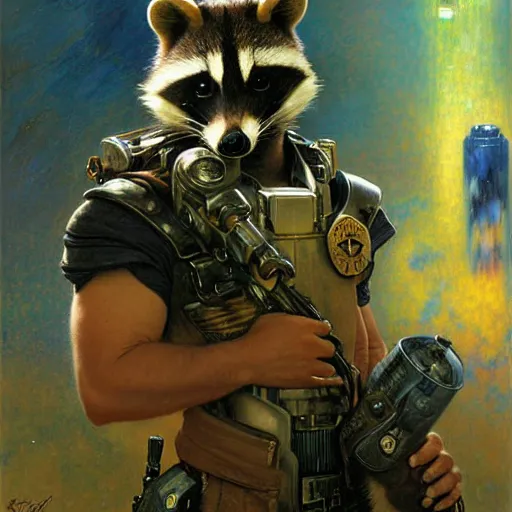 Prompt: portrait of a male rocket racoon in a police uniform. shadowrun furaffiniy cyberpunk fantasy highly detailed painting by gaston bussiere craig mullins jc leyendecker gustav klimt artgerm greg rutkowski john berkey, bergey, craig mullins, ruan jia, raymond swanland, jeremy mann, tom lovell, alex malveda