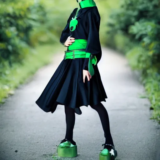 Prompt: a girl dressed in a black and green outfit in the style of Kishimoto Masashi