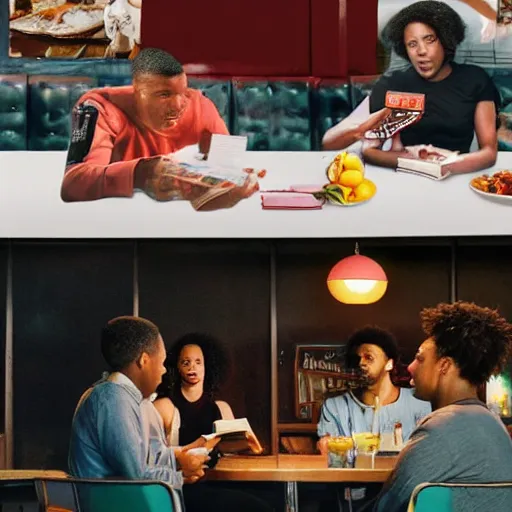 Image similar to diner scene, bottom left of photo is a black couple arguing, bottom right of photo is a white man reading a book, centre of photo is a waitress on rollerskates, top of photo is a neon sign saying breakfast