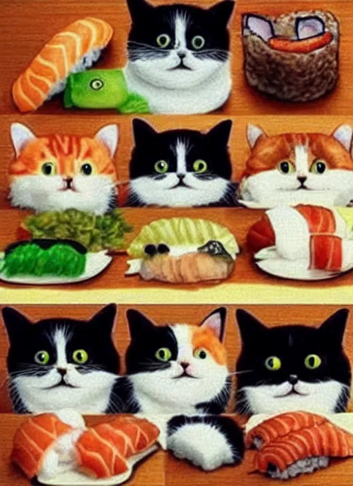 Image similar to clear photorealistic picture of adorable cats made out of sushi