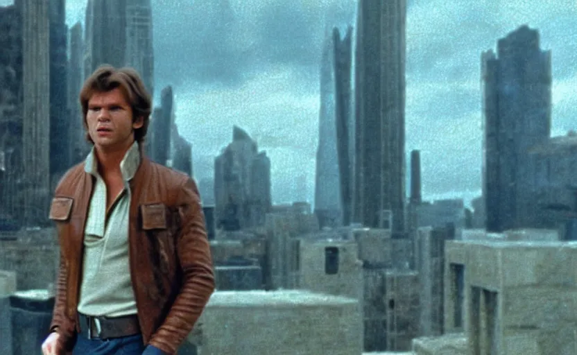 Image similar to screenshot portrait of Han Solo on a city cliff, cinematic scene from 1970s film by Stanley Kubrick, iconic, retro design, serene, stunning cinematography, hyper-detailed, sharp, anamorphic lenses, kodak color, 4k, stunning