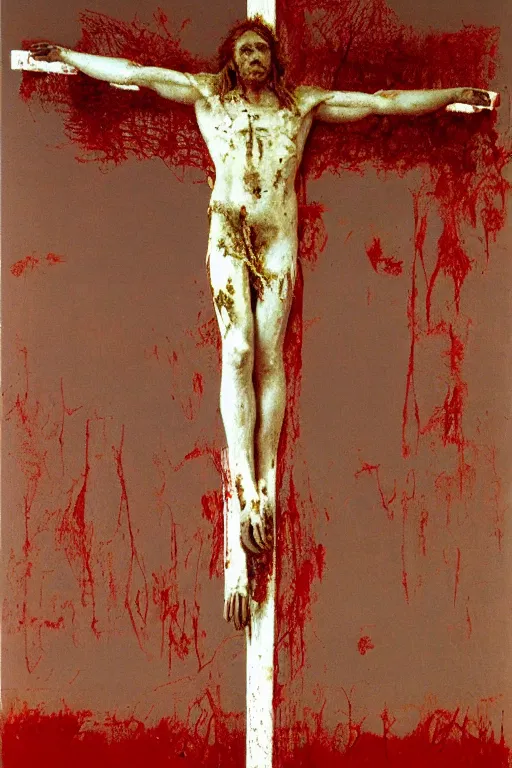 Image similar to bloody christ crucified and the light of god in the sky painted by cy twombly and andy warhol