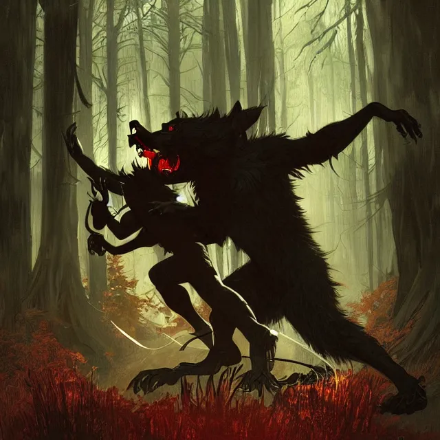 Image similar to a male werewolf with long claws fighting a young fit male vampire in a dark forest at night, by greg rutkowski and alphonse mucha, gradient brown to red, highly detailed, digital painting, artstation, concept art, smooth, sharp focus illustration