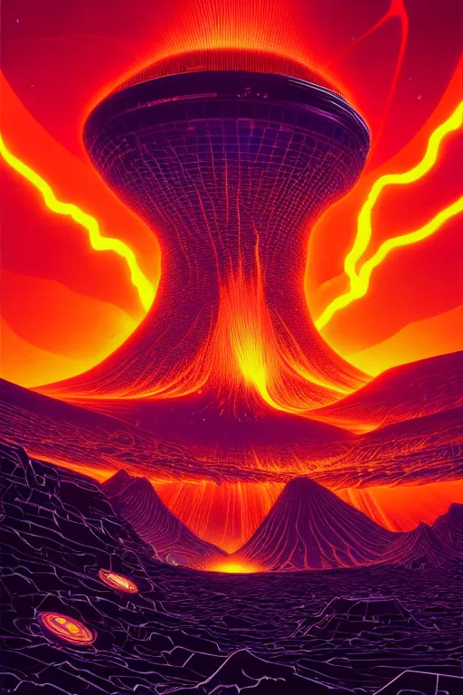 Image similar to artwork by kilian eng and toshi yoshida and moebius showing a futuristic powerstation!! in front of a ( ( exploding volcano ) ), vintage scifi, high details, dramatic lightning,, 8 k