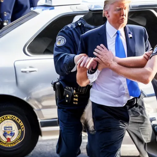 Image similar to candid ap press photo of president trump in handcuffs being arrested by fbi agents, escorting him into a police car, 3 5 mm lens, highly detailed portrait, 4 k uhd, sony camera, f / 2 2