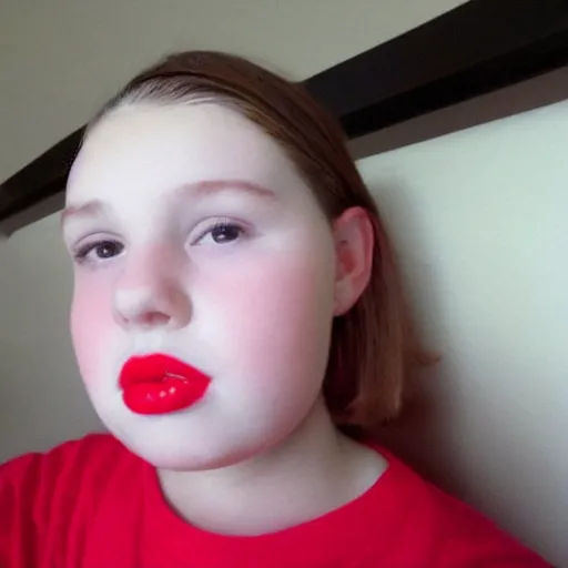 Prompt: 1 0 year old boy with big red lips, pink face, thin eyebrows, puffy cheeks, low quality, selfie