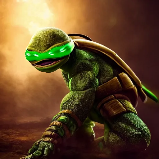 Prompt: teenage mutant ninja turtle, epic action movie still, hyper realistic award winning creature photography, epic volumetric lighting, border of glowing green radioactive ooze dripping, detailed face, golden ratio